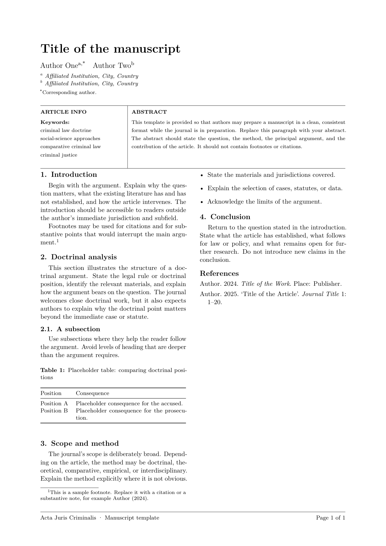 First page of the Acta Juris Criminalis LaTeX manuscript template